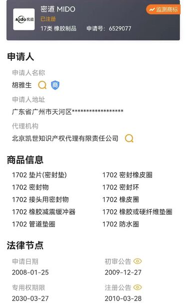 China Guangzhou Tianhe Qianjin Midao Oil Seal Firm certificaten